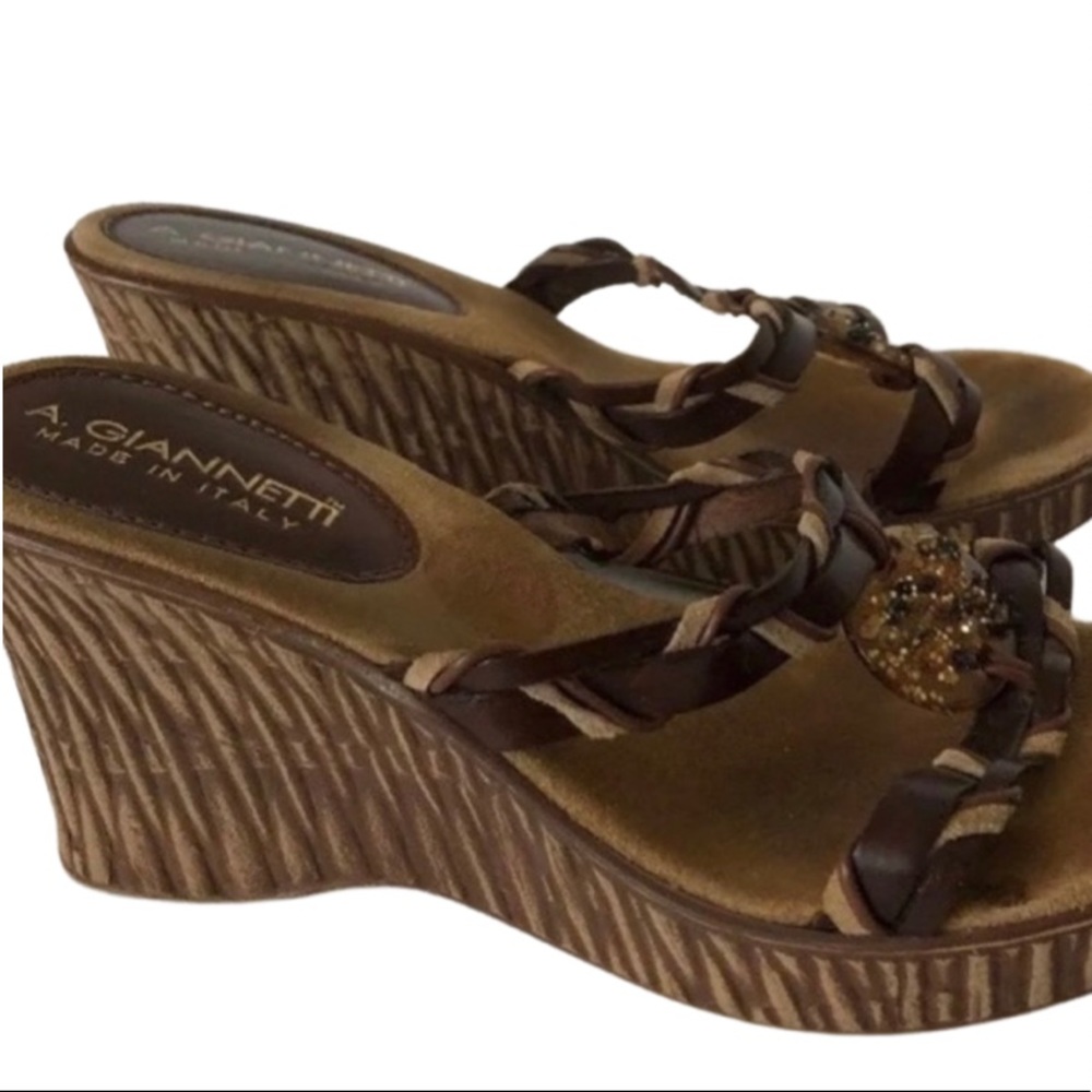 A GIANETTI Wedge Sandals Brown Embellished Sz 9